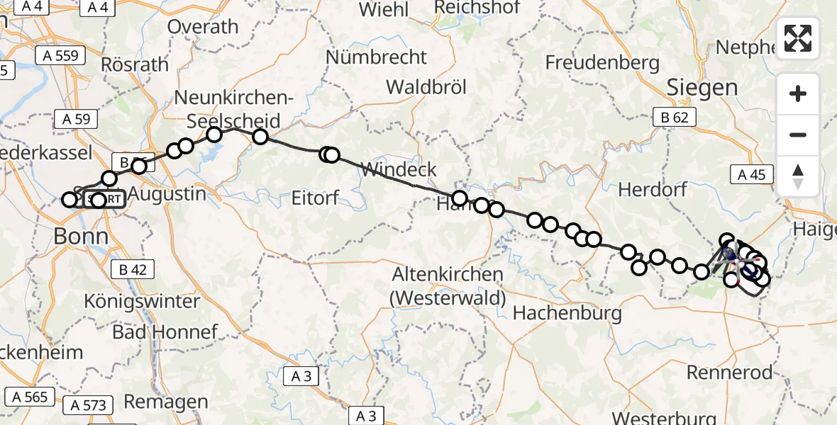 Flugroute Polizeihubschrauber Sankt Augustin - Siegerland Flughafen, 01 Juli 2026, 11:30