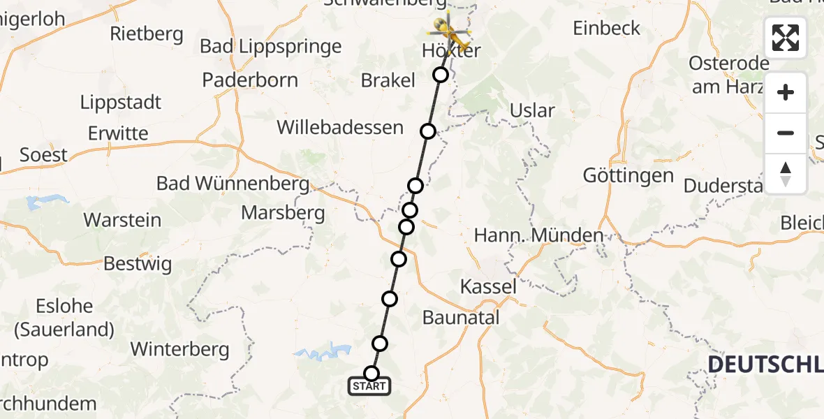 Flugroute Rettungshubschrauber Bad Wildungen - Höxter-Holzminden Flugplatz, 01 Juli 2026, 11:38
