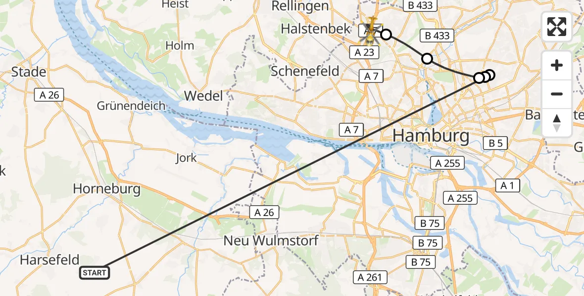 Flugroute Rettungshubschrauber Harsefeld - Hamburg, 01 Juli 2026, 11:42