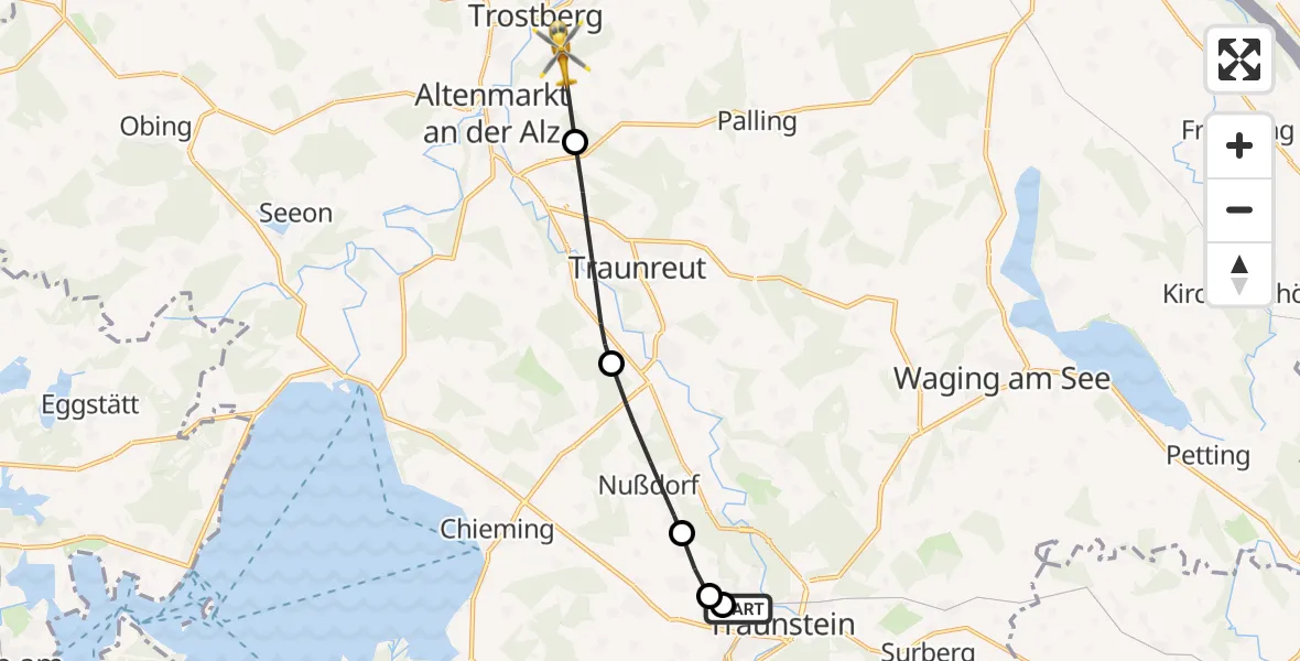 Flugroute Rettungshubschrauber Traunstein Hospital - Trostberg, 01 Juli 2026, 11:42