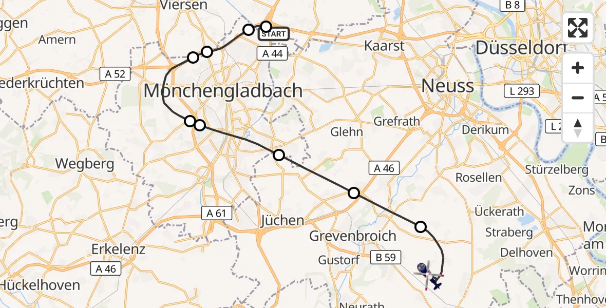 Flugroute Polizeihubschrauber Mönchengladbach Flughafen - Rommerskirchen, 01 Juli 2026, 11:47