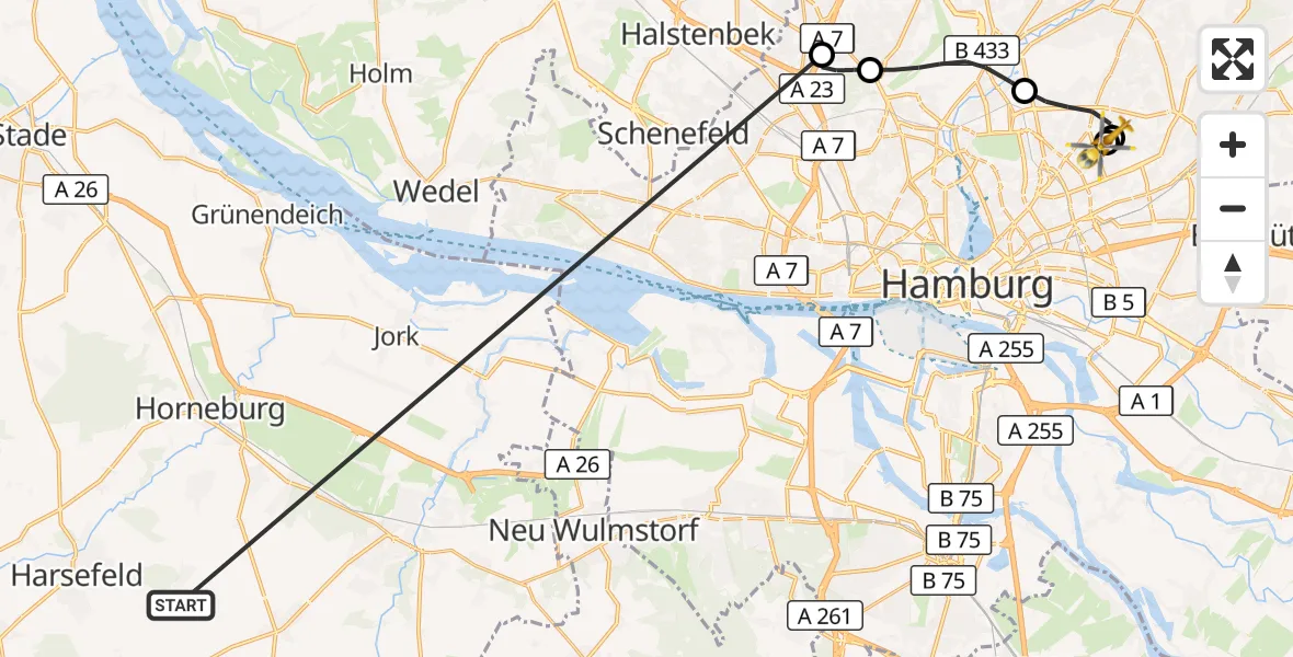 Flugroute Rettungshubschrauber Harsefeld - Hamburg Military Hospital, 01 Juli 2026, 11:49