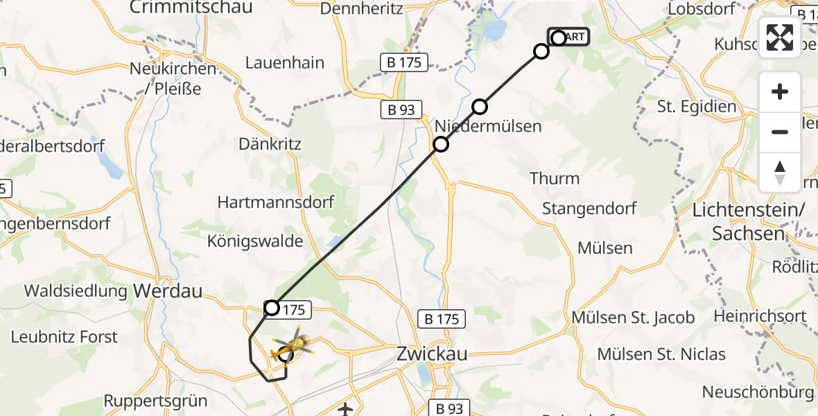 Flugroute Rettungshubschrauber Rudolf Virchow Hospital Glauchau - ADAC Air Rescue Station Zwickau Hubschrauberlandeplatz, 01 Juli 2026, 11:53