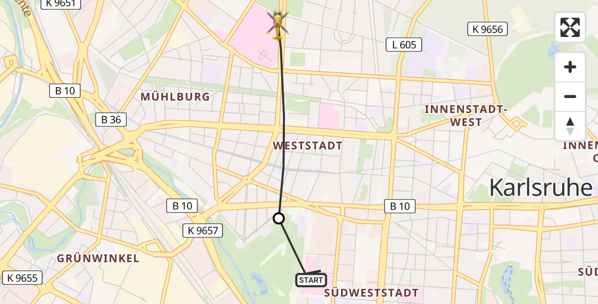 Flugroute Ambulanzhubschrauber Sankt Vincentius Hospital - Karlsruhe, 01 Juli 2026, 11:55