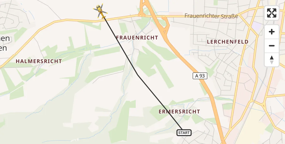 Flugroute Rettungshubschrauber Weiden i.d.OPf. - Weiden i.d.OPf., 01 Juli 2026, 11:58