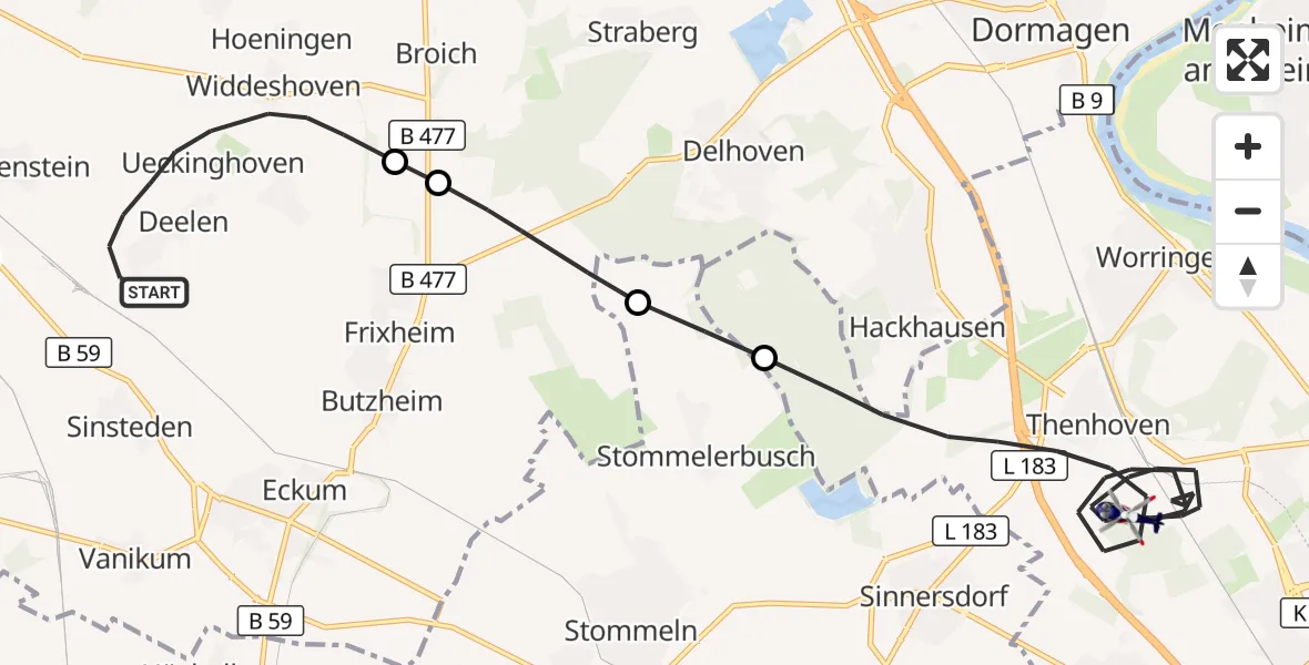 Flugroute Polizeihubschrauber Rommerskirchen - Köln, 01 Juli 2026, 12:04