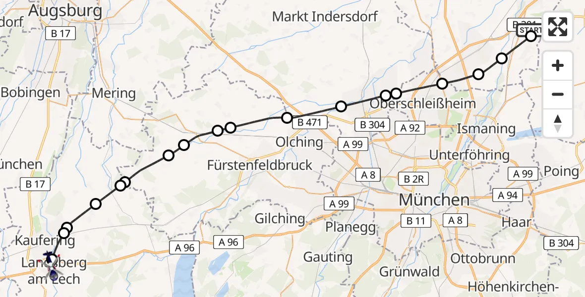 Flugroute Polizeihubschrauber München Flughafen - Landsberg am Lech, 01 Juli 2026, 12:04