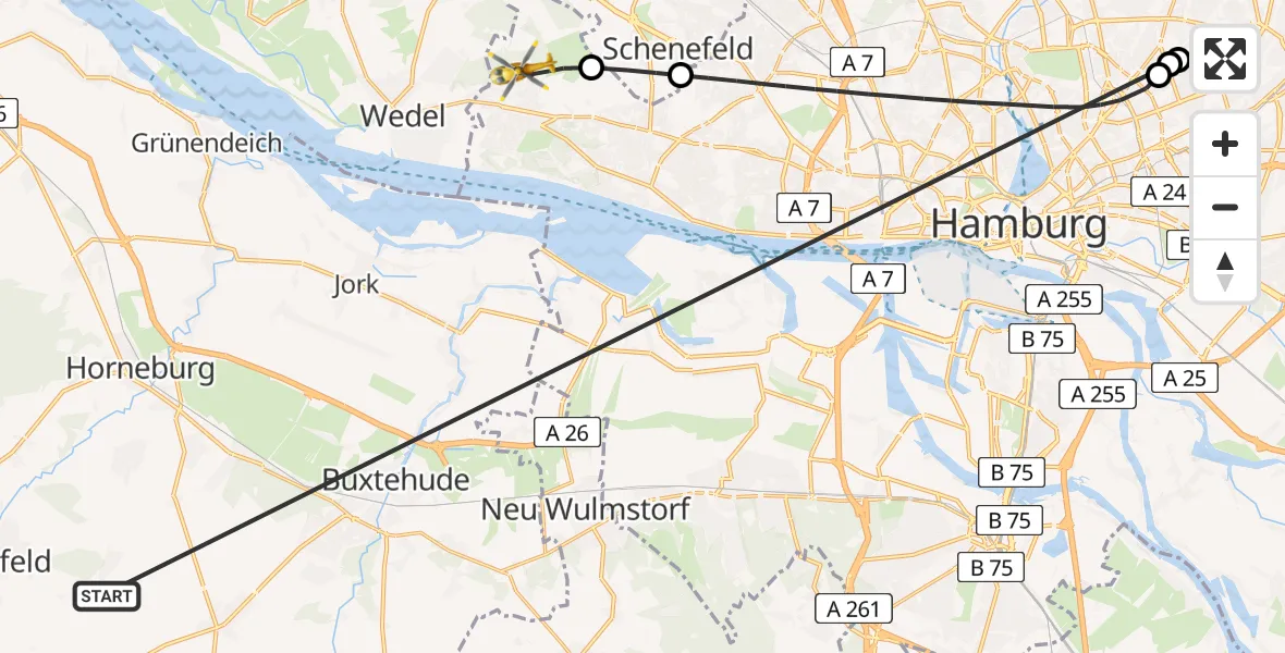 Flugroute Rettungshubschrauber Harsefeld - Hamburg, 01 Juli 2026, 12:04