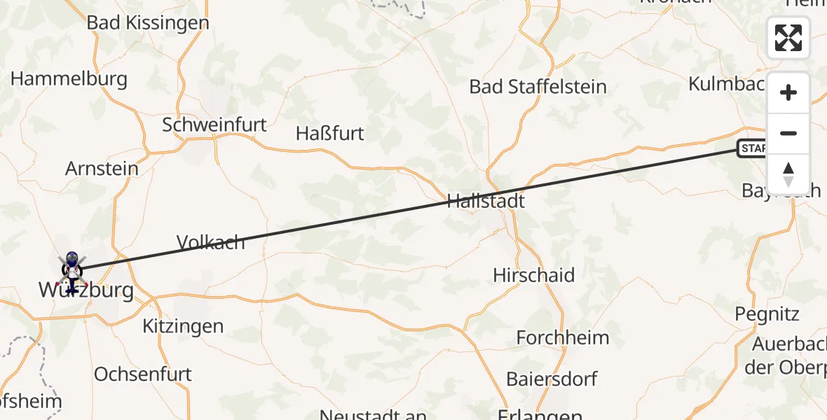 Flugroute Polizeihubschrauber Neudrossenfeld - Würzburg-Schenkenturm Flugplatz, 01 Juli 2026, 12:06
