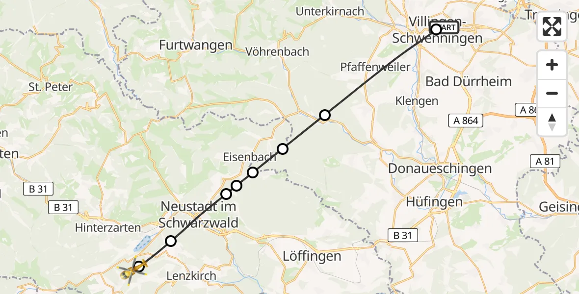 Flugroute Ambulanzhubschrauber DRF Air Rescue Station Villingen-Schwenningen Hubschrauberlandeplatz (Christoph 11) - Feldberg (Schwarzwald), 01 Juli 2026, 12:06
