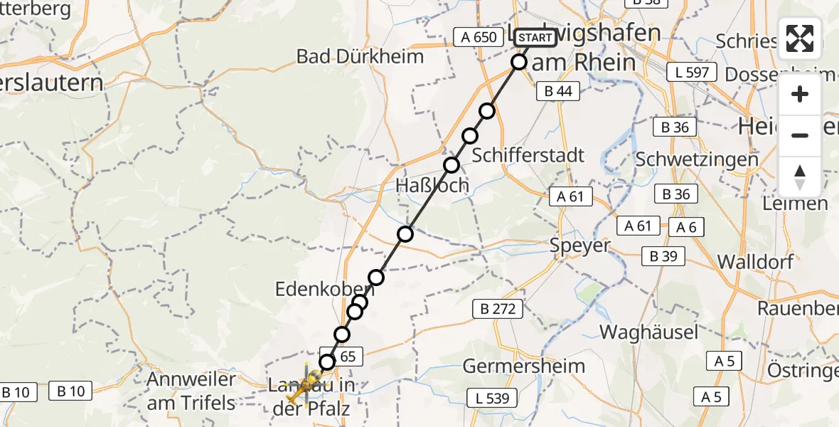 Flugroute Rettungshubschrauber Ludwigshafen am Rhein - Landau in der Pfalz, 01 Juli 2026, 12:07