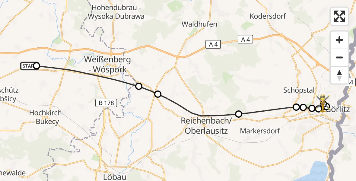 Flugroute Rettungshubschrauber Kubschütz - Görlitz Hospital, 01 Juli 2026, 12:07