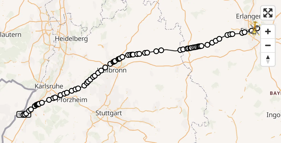 Flugroute Ambulanzhubschrauber Karlsruhe Baden-Baden Flughafen - Flughafen Nuremberg, 01 Juli 2026, 12:09