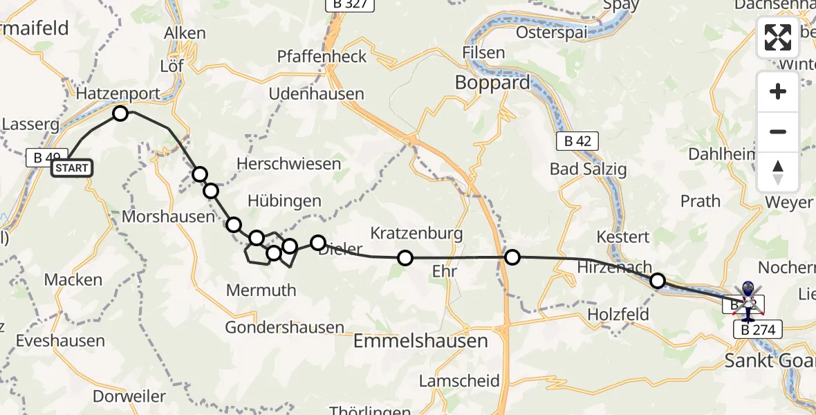 Flugroute Polizeihubschrauber Burgen - Sankt Goarshausen, 01 Juli 2026, 12:10