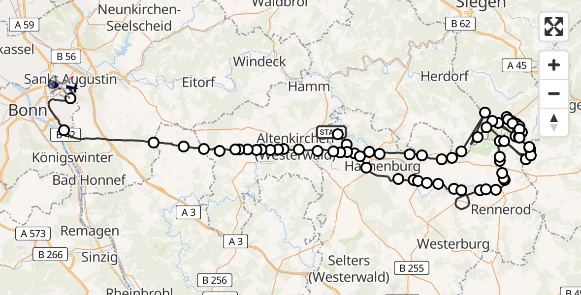 Flugroute Polizeihubschrauber Giesenhausen - Sankt Augustin, 01 Juli 2026, 12:13