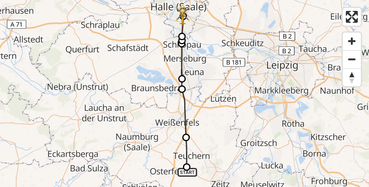 Flugroute Rettungshubschrauber Meineweh - BG Hospital Bergmannstrost Halle, 01 Juli 2026, 12:16
