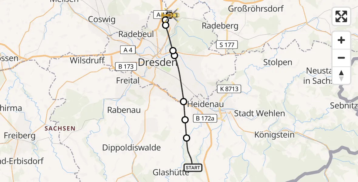Flugroute Rettungshubschrauber Liebstadt - Dresden Bundespolizei Hubschrauberlandeplatz, 01 Juli 2026, 12:18