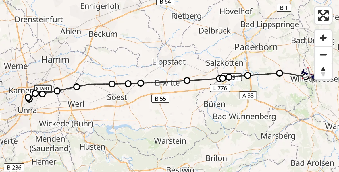 Flugroute Polizeihubschrauber Bönen - Willebadessen, 01 Juli 2026, 12:24