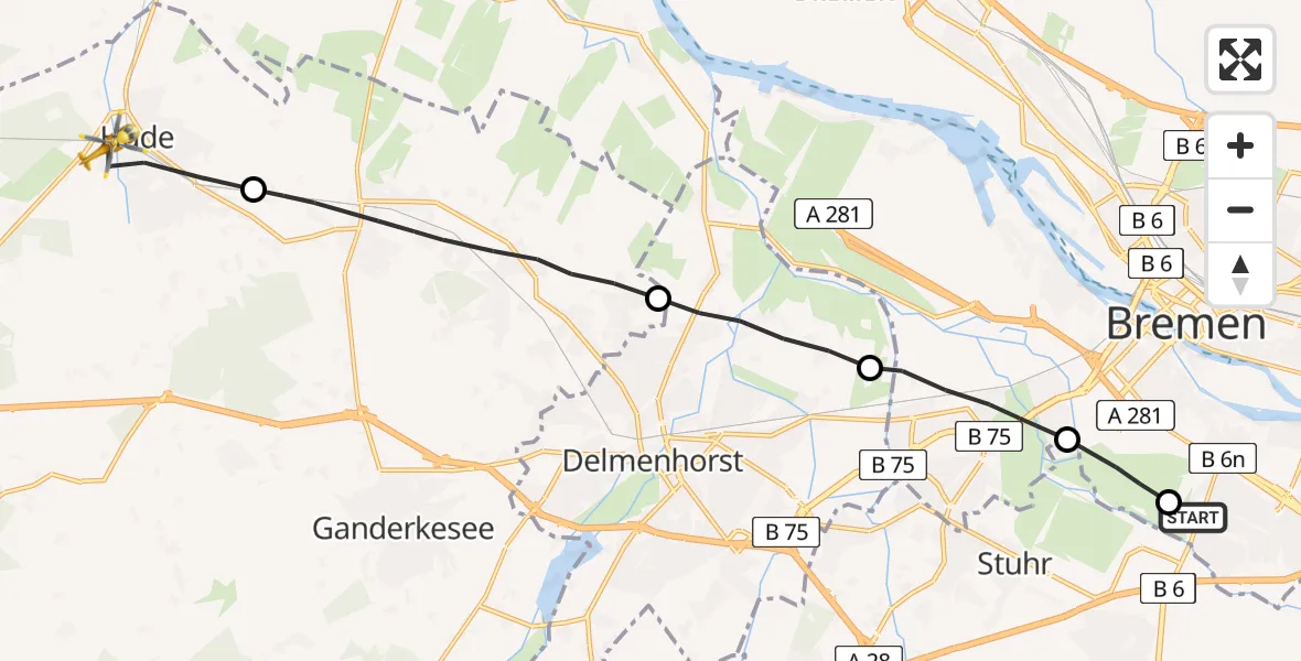Flugroute Rettungshubschrauber Bremen - Hude (Oldb), 01 Juli 2026, 12:31