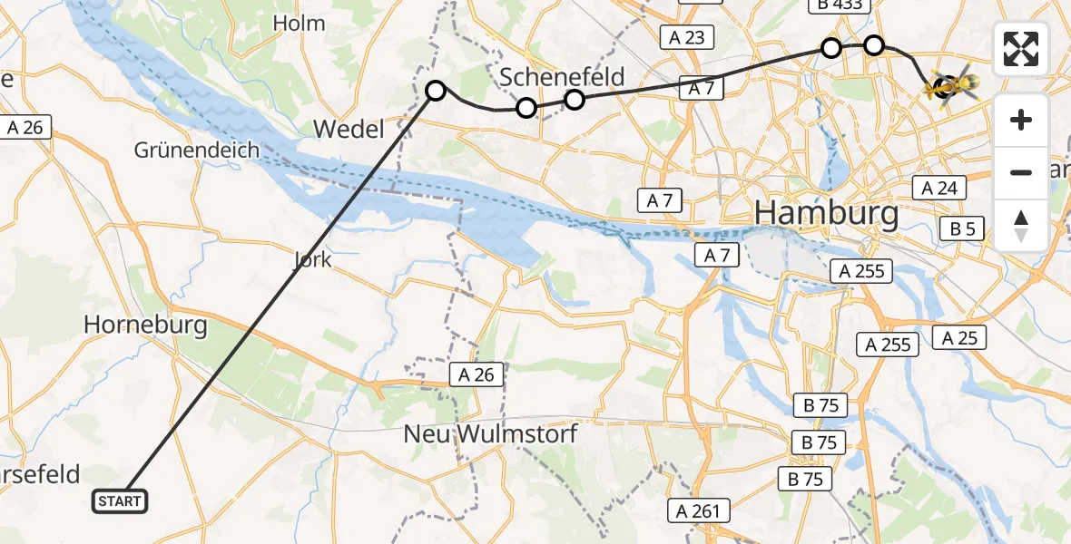Flugroute Rettungshubschrauber Harsefeld - Hamburg Military Hospital, 01 Juli 2026, 12:37