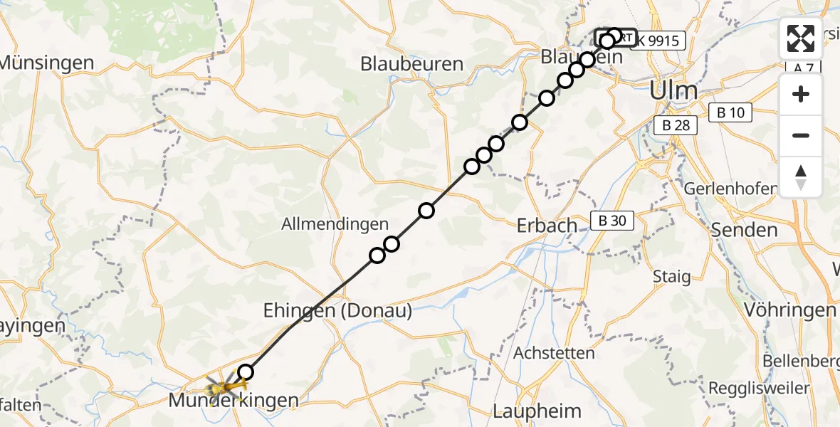 Flugroute Rettungshubschrauber Ulm Military Hospital Emergency - Munderkingen, 01 Juli 2026, 12:38