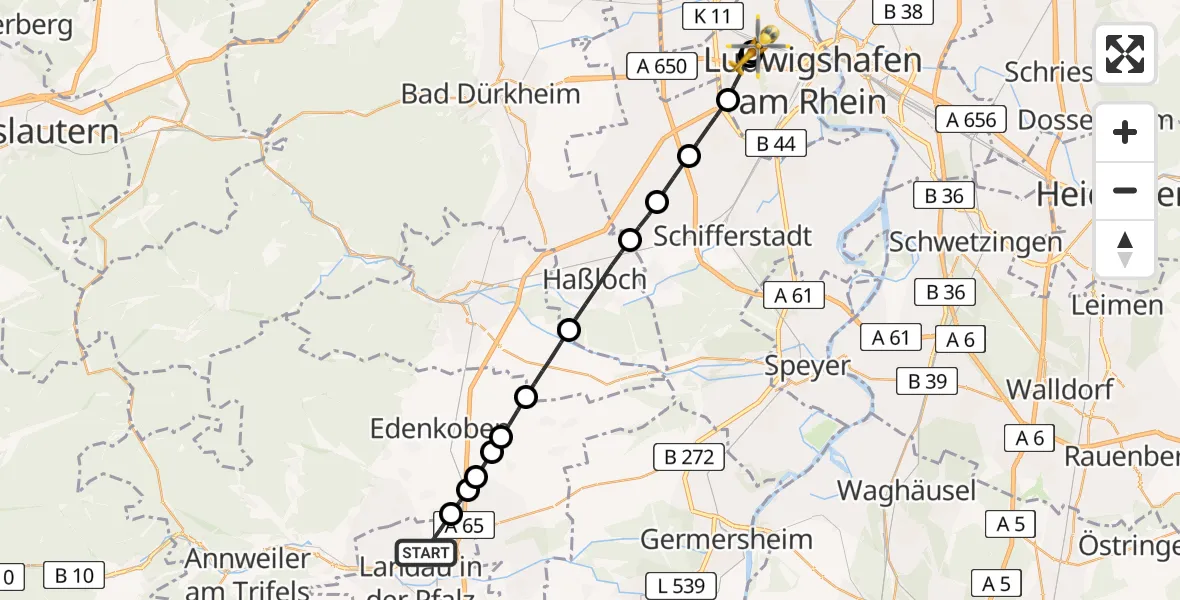 Flugroute Rettungshubschrauber Landau in der Pfalz - Ludwigshafen Accident Hospital, 01 Juli 2026, 12:39