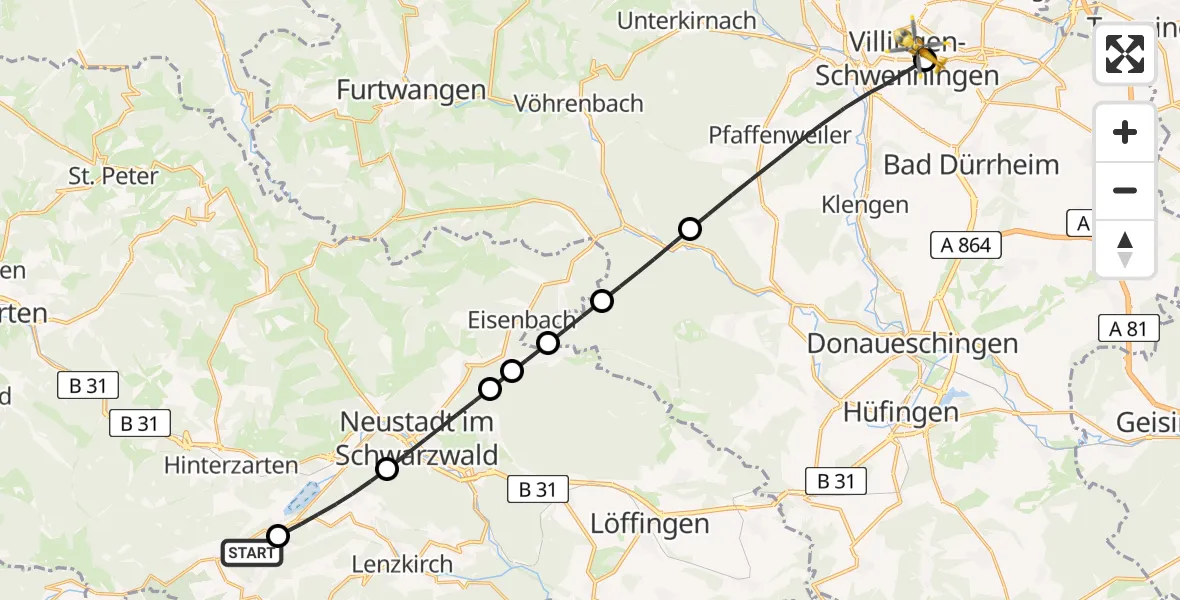 Flugroute Ambulanzhubschrauber Feldberg (Schwarzwald) - DRF Air Rescue Station Villingen-Schwenningen Hubschrauberlandeplatz (Christoph 11), 01 Juli 2026, 12:43
