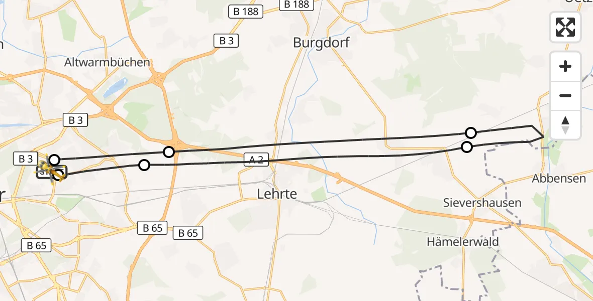 Flugroute Rettungshubschrauber Hannover Luftrettung Hubschrauberlandeplatz (Christoph 4) - Hannover Luftrettung Hubschrauberlandeplatz (Christoph 4), 01 Juli 2026, 12:44