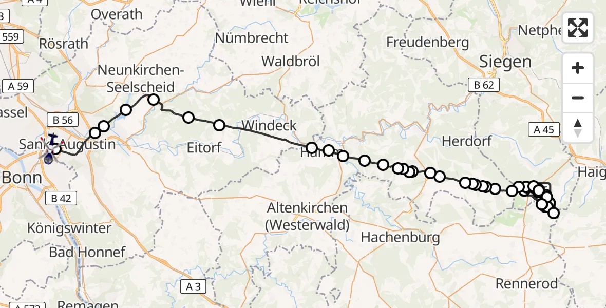 Flugroute Polizeihubschrauber Burbach - Bonn-Hangelar Flugplatz, 01 Juli 2026, 12:46