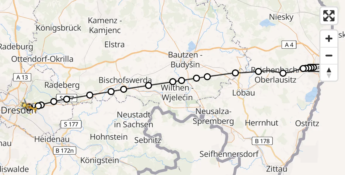 Flugroute Rettungshubschrauber Görlitz Hospital - Dresden University Hospital, 01 Juli 2026, 12:48