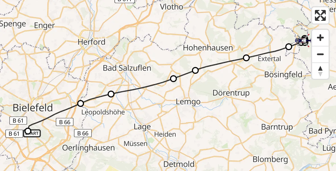Flugroute Polizeihubschrauber Luftrettungszentrum Bielefeld - Hessisch Oldendorf, 01 Juli 2026, 12:50