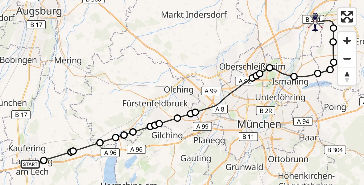 Flugroute Polizeihubschrauber Landsberg am Lech - München Flughafen, 01 Juli 2026, 12:58