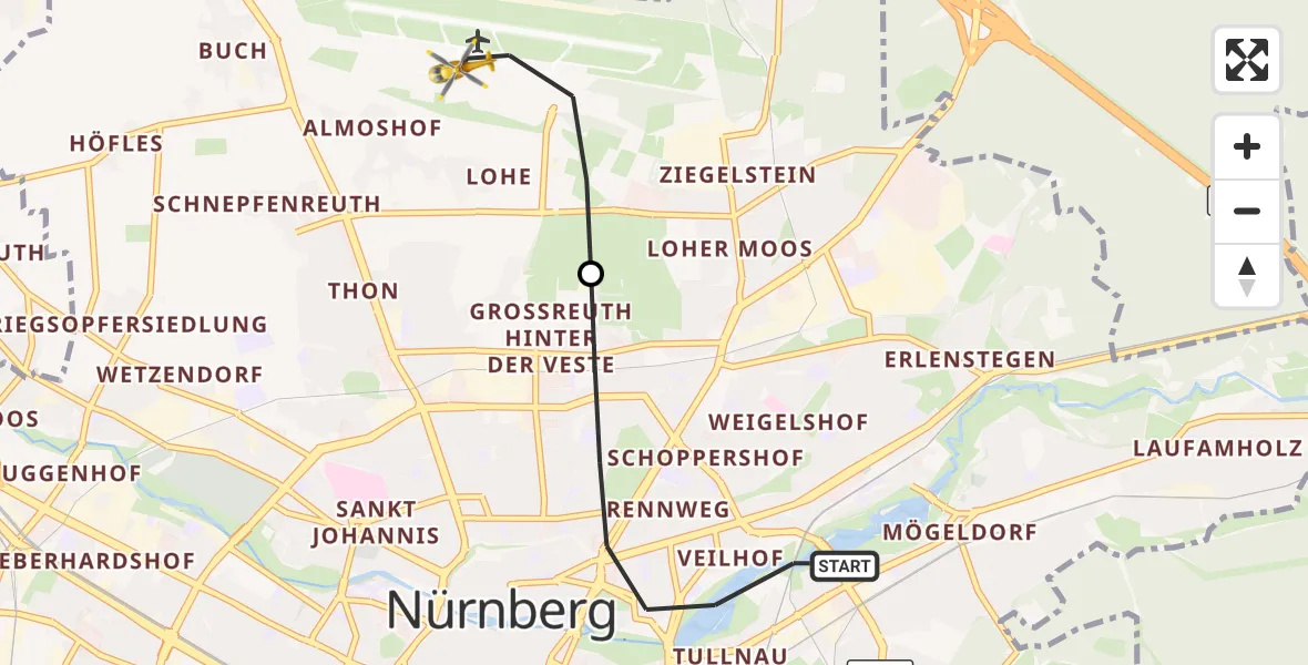 Flugroute Ambulanzhubschrauber Nürnberg - Flughafen Nuremberg, 01 Juli 2026, 13:00