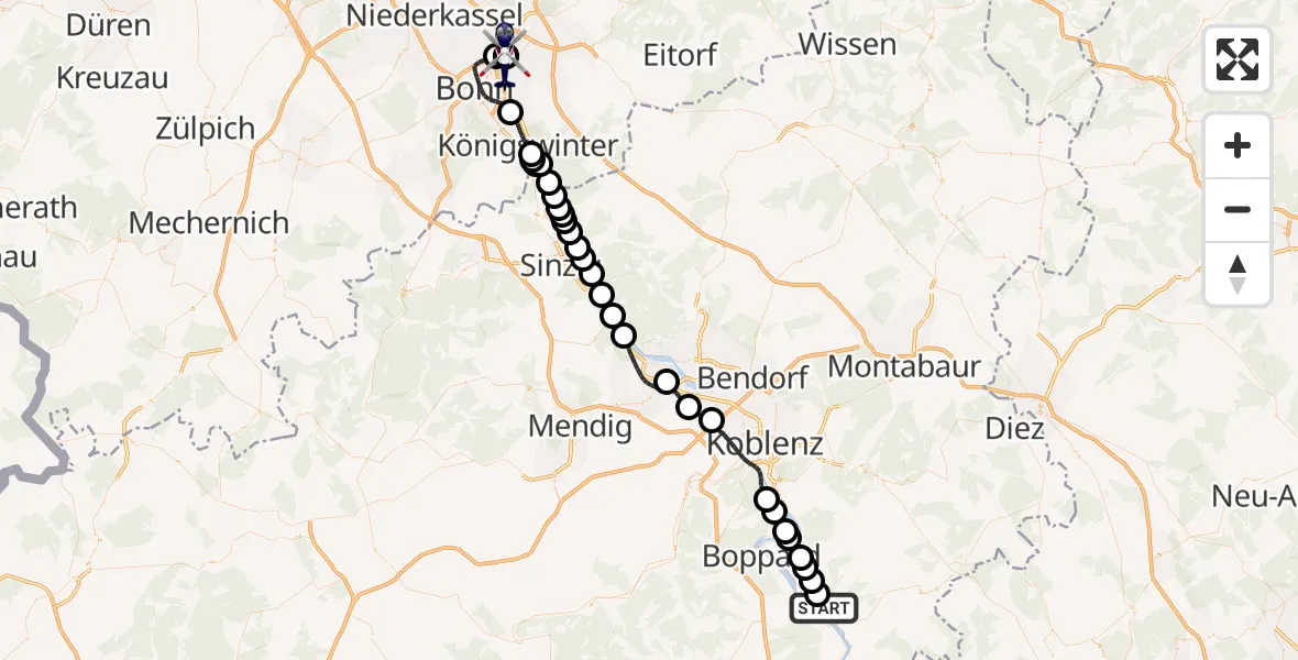 Flugroute Polizeihubschrauber Sankt Goarshausen - Sankt Augustin, 01 Juli 2026, 13:00