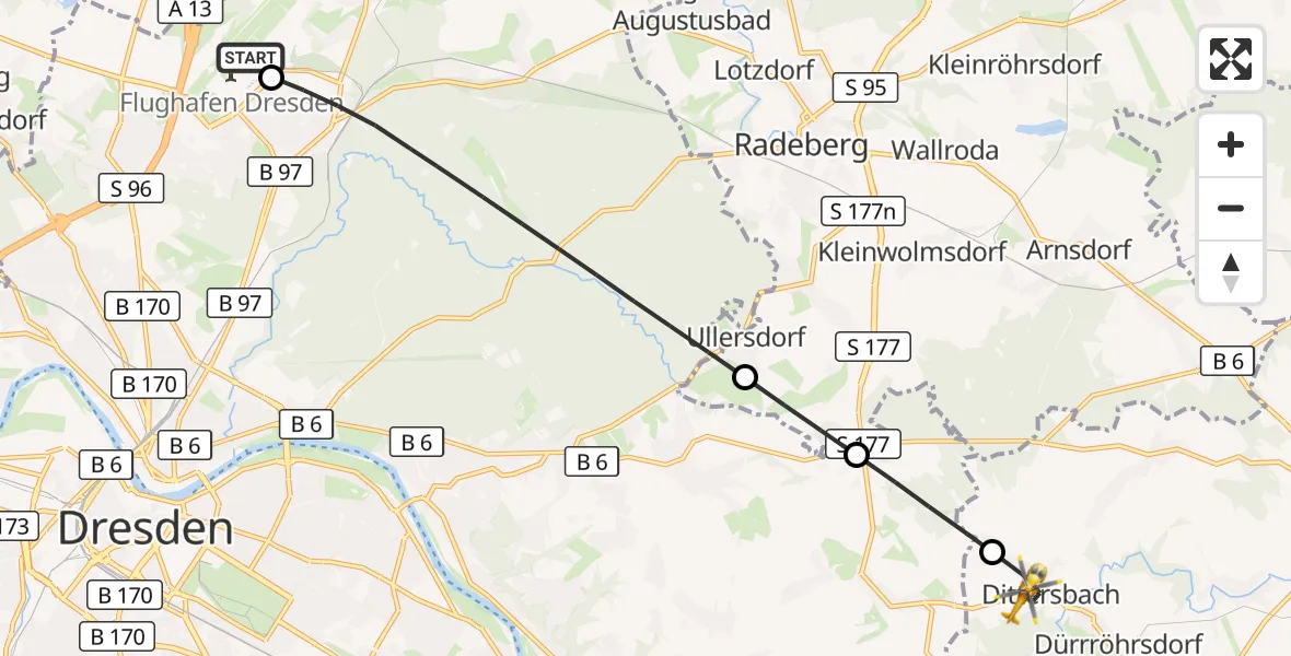 Flugroute Rettungshubschrauber Dresden Flughafen - Dürrröhrsdorf-Dittersbach, 01 Juli 2026, 13:03