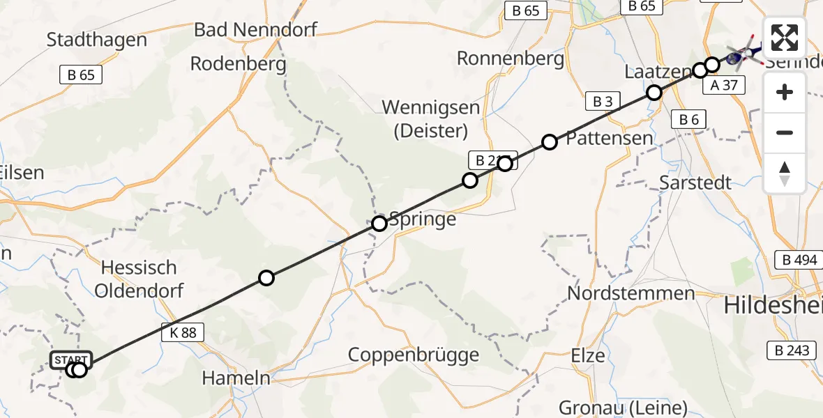 Flugroute Polizeihubschrauber Hessisch Oldendorf - Sehnde, 01 Juli 2026, 13:10