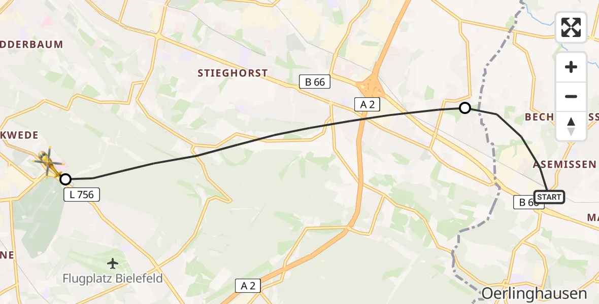 Flugroute Rettungshubschrauber Leopoldshöhe - Luftrettungszentrum Bielefeld, 01 Juli 2026, 13:13