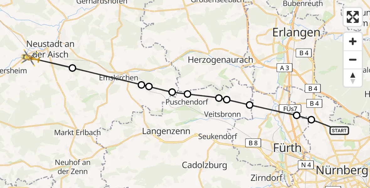Flugroute Ambulanzhubschrauber Flughafen Nuremberg - Neustadt a.d.Aisch, 01 Juli 2026, 13:15