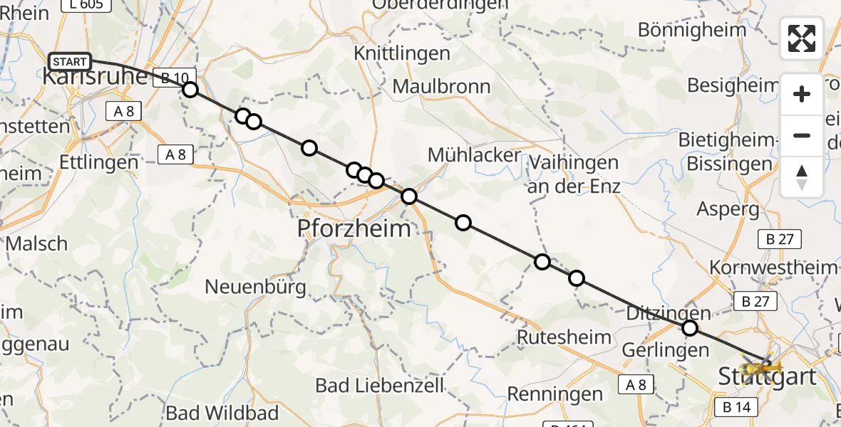 Flugroute Ambulanzhubschrauber Karlsruhe - Stuttgart, 01 Juli 2026, 13:18