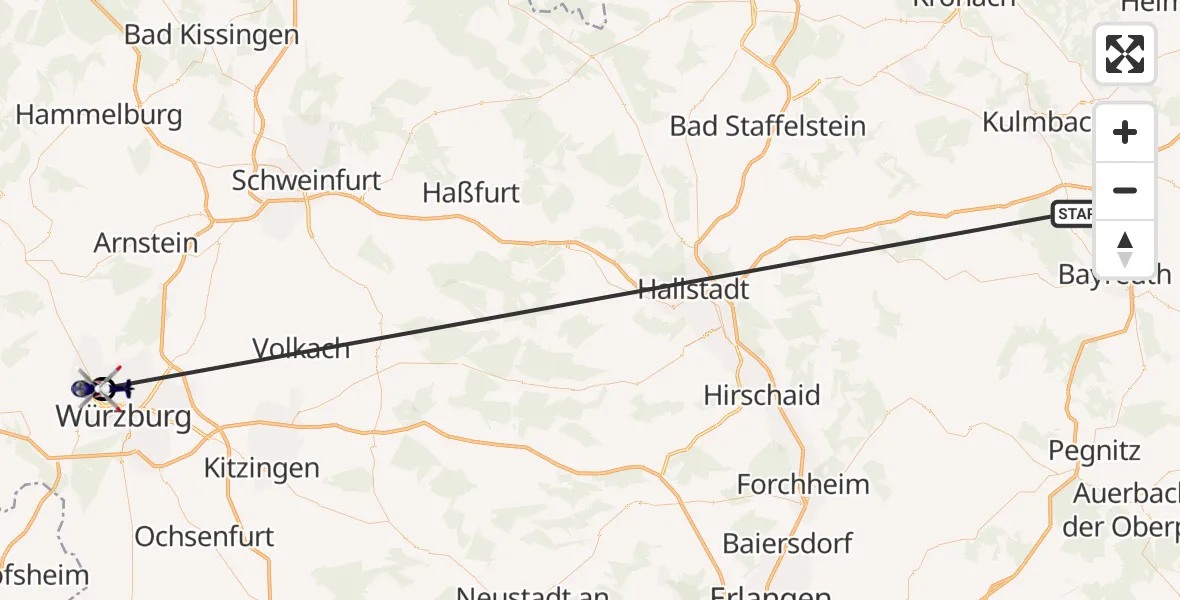 Flugroute Polizeihubschrauber Neudrossenfeld - Würzburg-Schenkenturm Flugplatz, 01 Juli 2026, 13:19