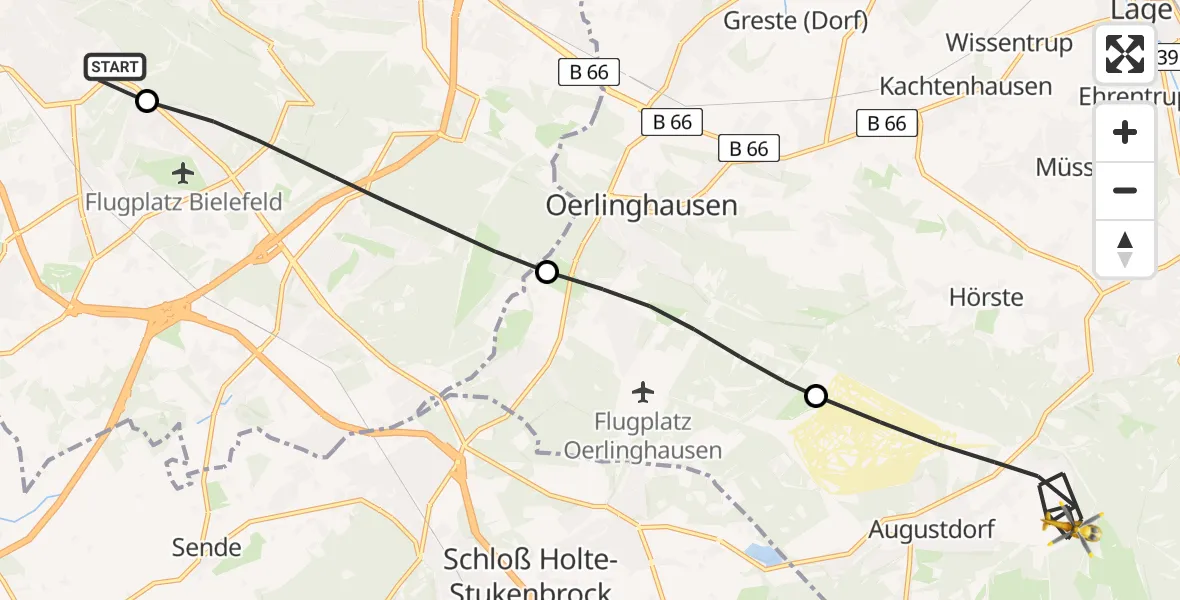 Flugroute Rettungshubschrauber Luftrettungszentrum Bielefeld - Augustdorf, 01 Juli 2026, 13:24