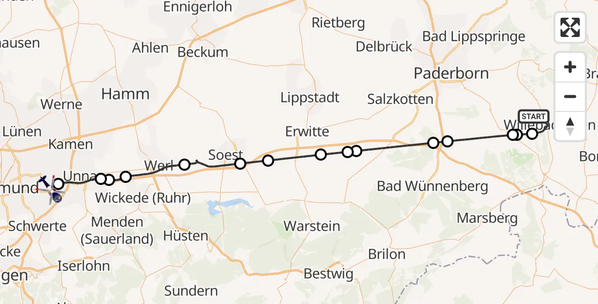 Flugroute Polizeihubschrauber Willebadessen - Dortmund Flughafen, 01 Juli 2026, 13:32