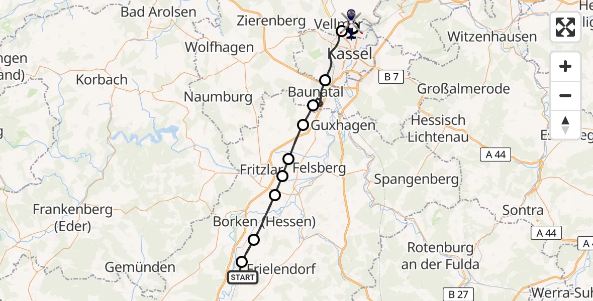 Flugroute Polizeihubschrauber Schwalmstadt - Fuldatal Bundespolizei Hubschrauberlandeplatz, 01 Juli 2026, 13:37