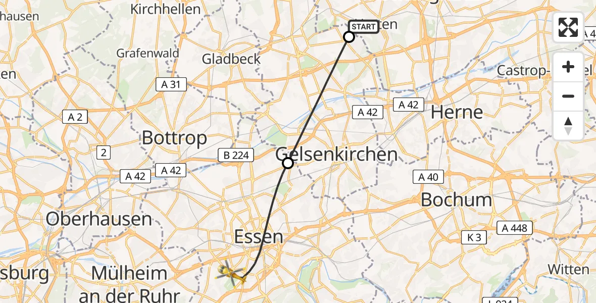 Flugroute Ambulanzhubschrauber Herten - Essen, 01 Juli 2026, 13:42