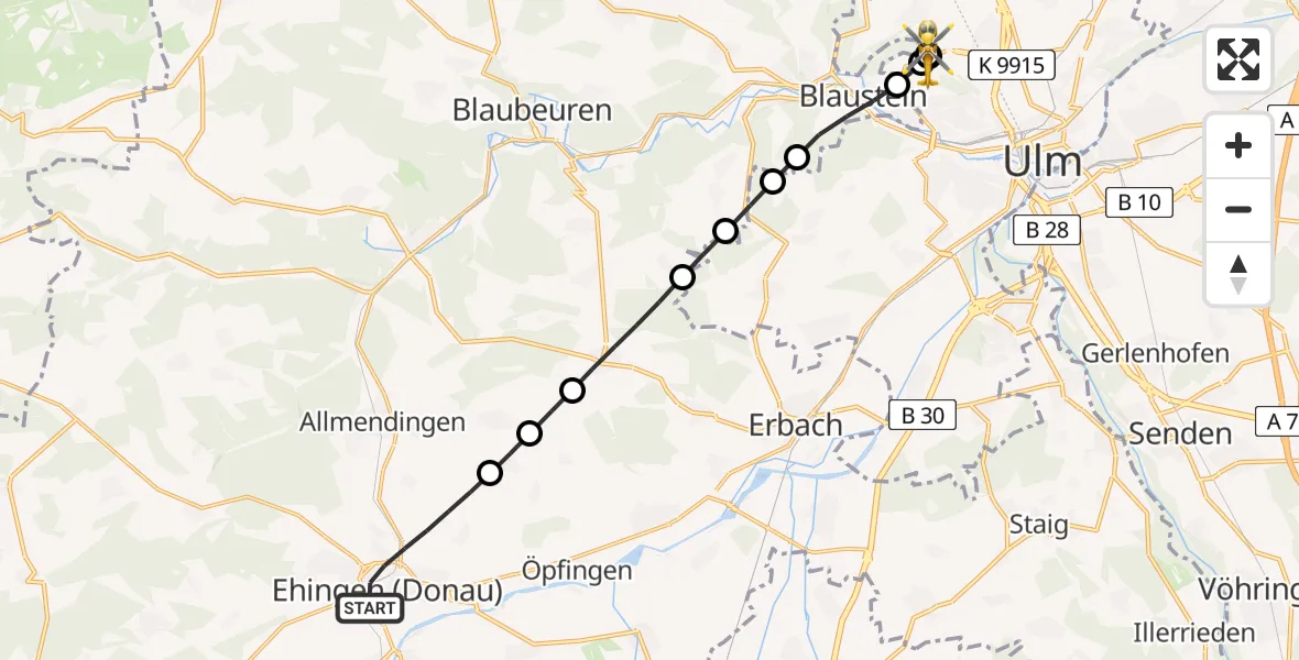 Flugroute Rettungshubschrauber Ehingen (Donau) - ADAC Air Rescue Station Ulm (Christoph 22), 01 Juli 2026, 13:42