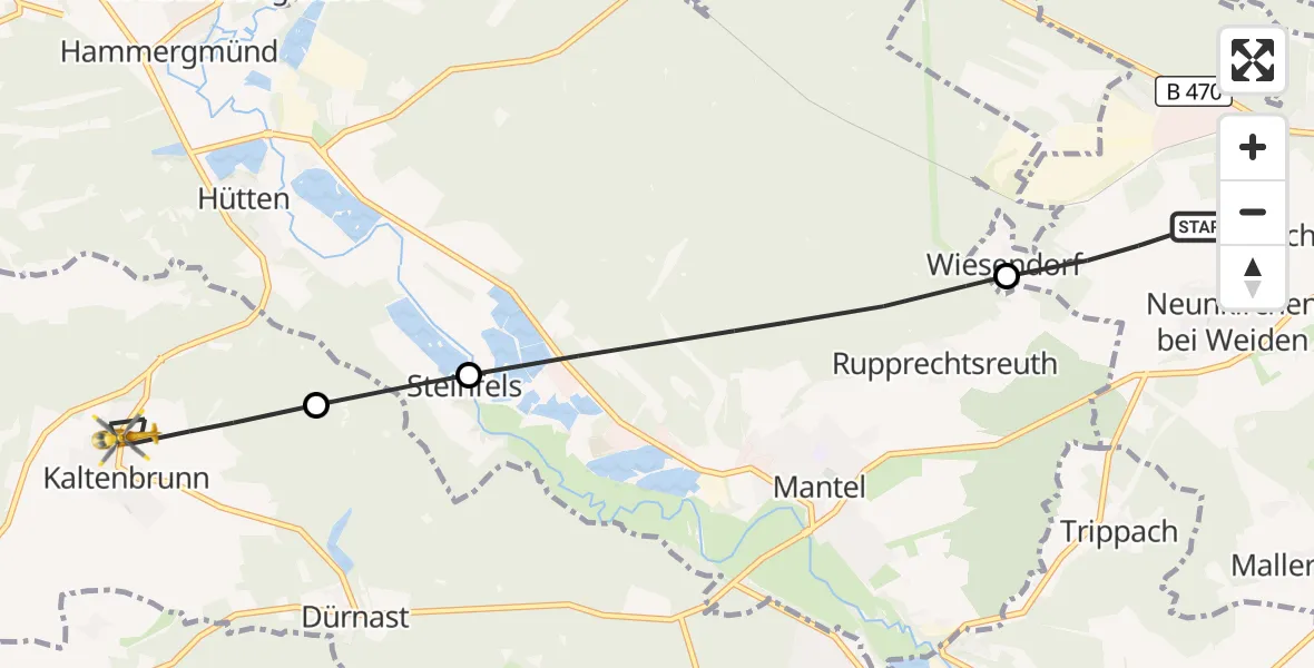 Flugroute Rettungshubschrauber Weiden i.d.OPf. - Weiherhammer, 01 Juli 2026, 13:45