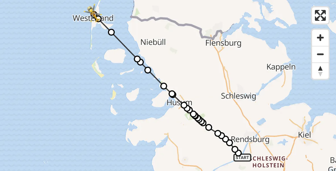 Flugroute Ambulanzhubschrauber Hörsten - Sylt, 01 Juli 2026, 13:47