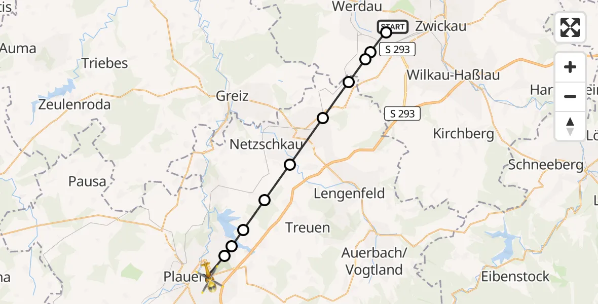 Flugroute Rettungshubschrauber ADAC Air Rescue Station Zwickau Hubschrauberlandeplatz - Plauen, 01 Juli 2026, 13:53