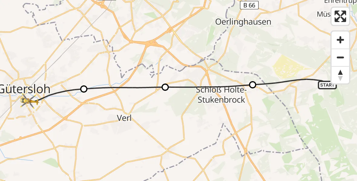 Flugroute Rettungshubschrauber Augustdorf - Gütersloh, 01 Juli 2026, 13:53