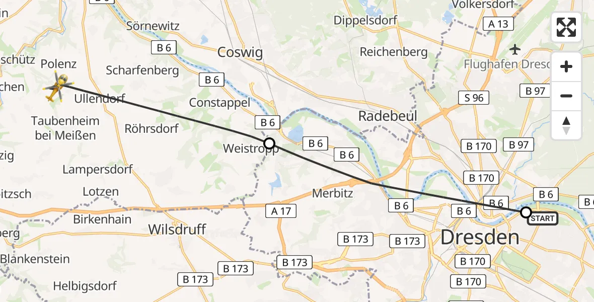 Flugroute Rettungshubschrauber Dresden University Hospital - Klipphausen, 01 Juli 2026, 13:56